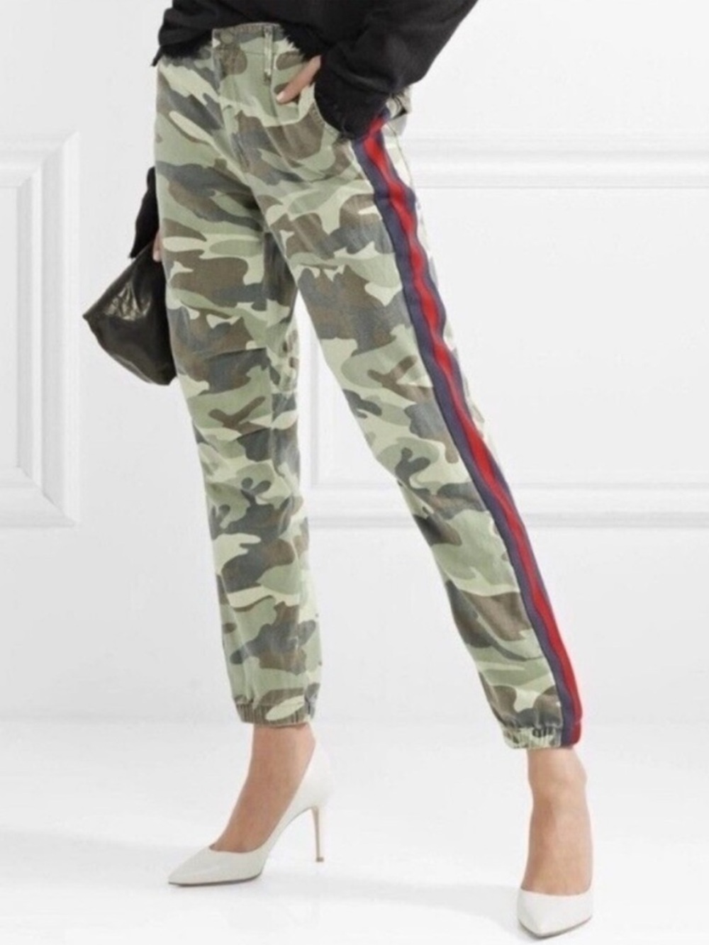 MOTHER Camo Track Joggers with Red & Navy Side Stripes